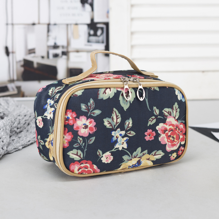 Косметичка-сундук "Цветение", отдел на молнии, зеркало, цвет синий/цветы
