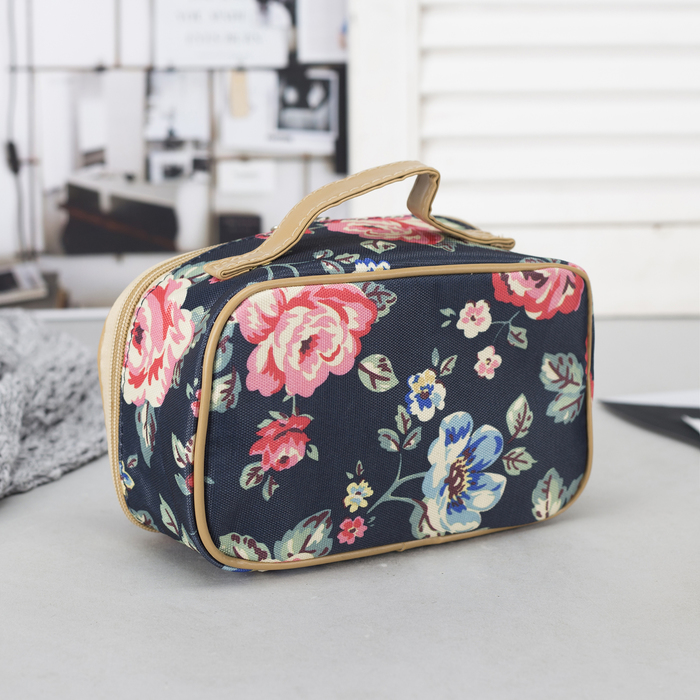 Косметичка-сундук "Цветение", отдел на молнии, зеркало, цвет синий/цветы