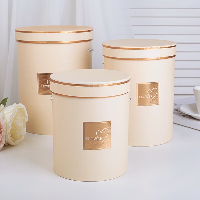 Набор коробок 3в1, бежевый, 18,5 х 18,5 х 24 - 14,5 х 14,5 х 17,5 см