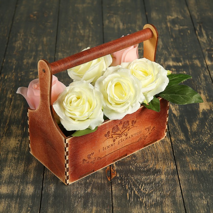 Кашпо флористическое "I love flowers, цветы", деревянная ручка, красное дерево, 23х11х22см