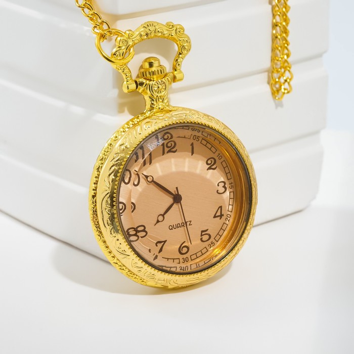Часы карманные "Классика", кварцевые, крышка прозрачная, d-4.5 см, золотые