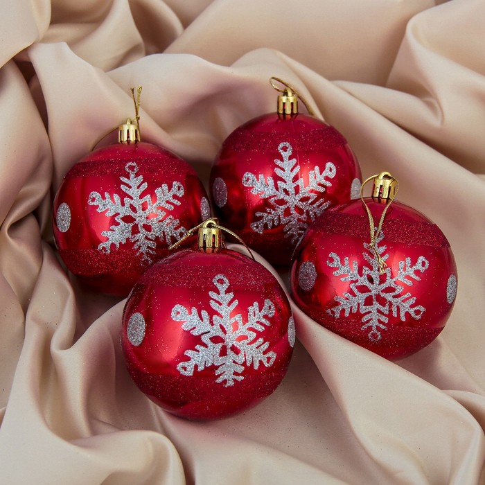 Набор шаров пластик d-7,5 см 4 шт "Сюрприз" снежинка красный