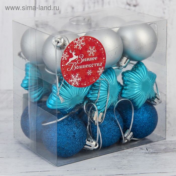 фото Набор украшений пластик 18 шт "звёздный" (12 шаров d-4 см, 6 звёзд) синий, серебро зимнее волшебство