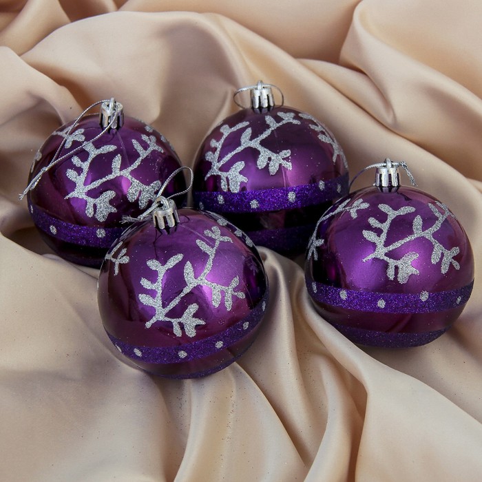 Набор шаров пластик d-7,5 см 4 шт "Глянец снежинка" фиолет