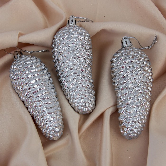 Набор украшений пластик 3 шт 9*4,5 см шишка серебро