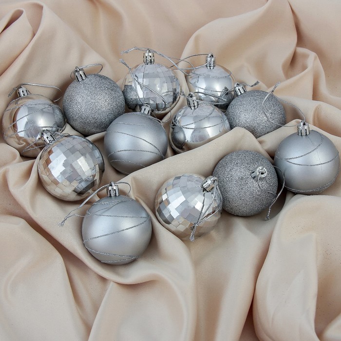 Набор шаров пластик d-5,5 см 12 шт "Перелив" серебро