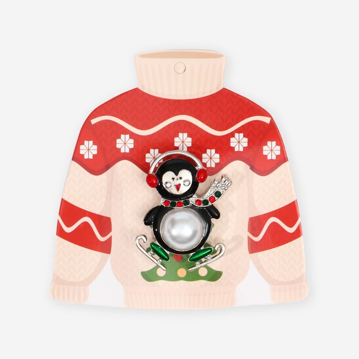 Брошь "Новогодняя сказка" пингвин танцующий, цветная в серебре