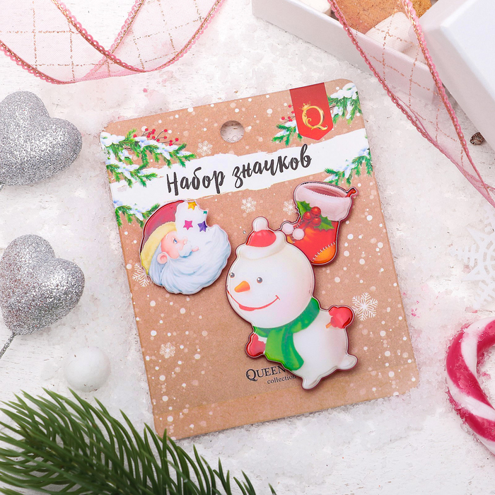 Набор значков "Новогодняя сказка" снеговик смешной, форма МИКС, цветной