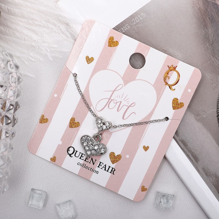 Кулон "Сердце" дуэт, цвет радужно-розовый в серебре, 40 см