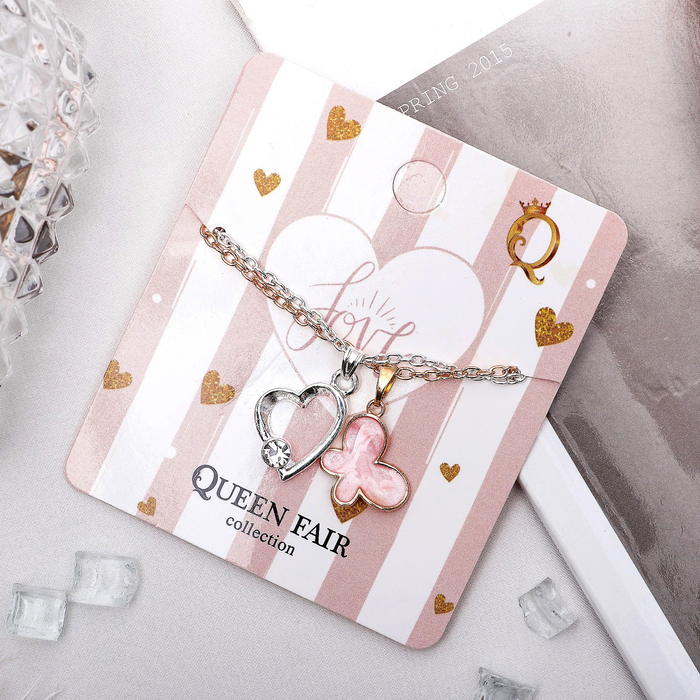 Кулон "Дуэт" сердце и бабочка, цвет серебряно-золотой, 40 см