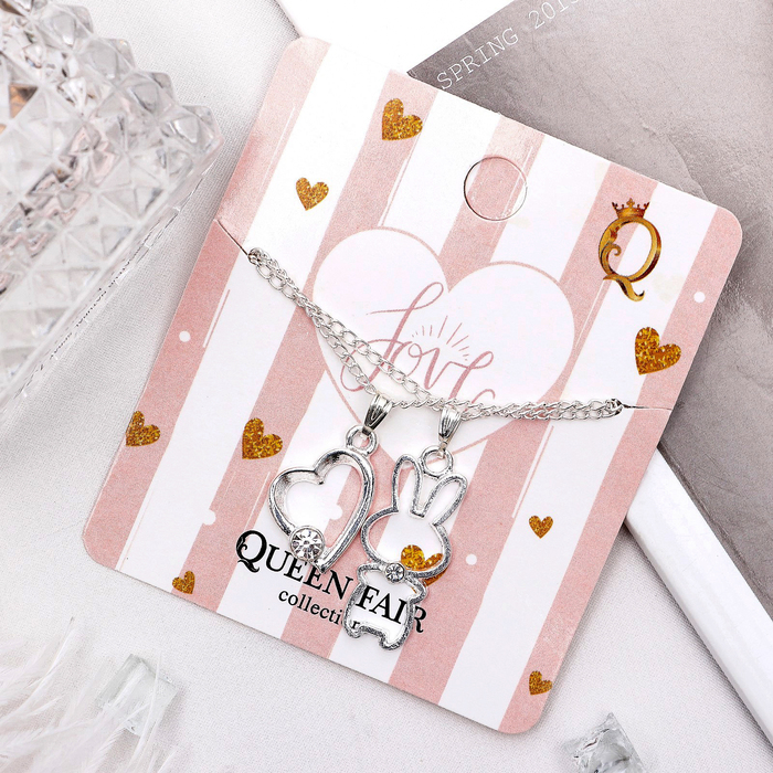 Кулон "Дуэт" сердце с зайчиком, цвет серебро, 40 см