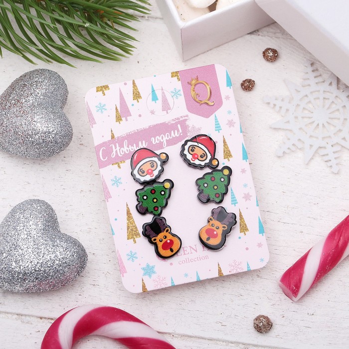 Пусеты 3 пары "Новогоднее ассорти" дед мороз, олень, ёлка, цветные