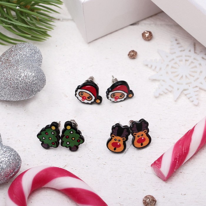 Пусеты 3 пары "Новогоднее ассорти" дед мороз, олень, ёлка, цветные