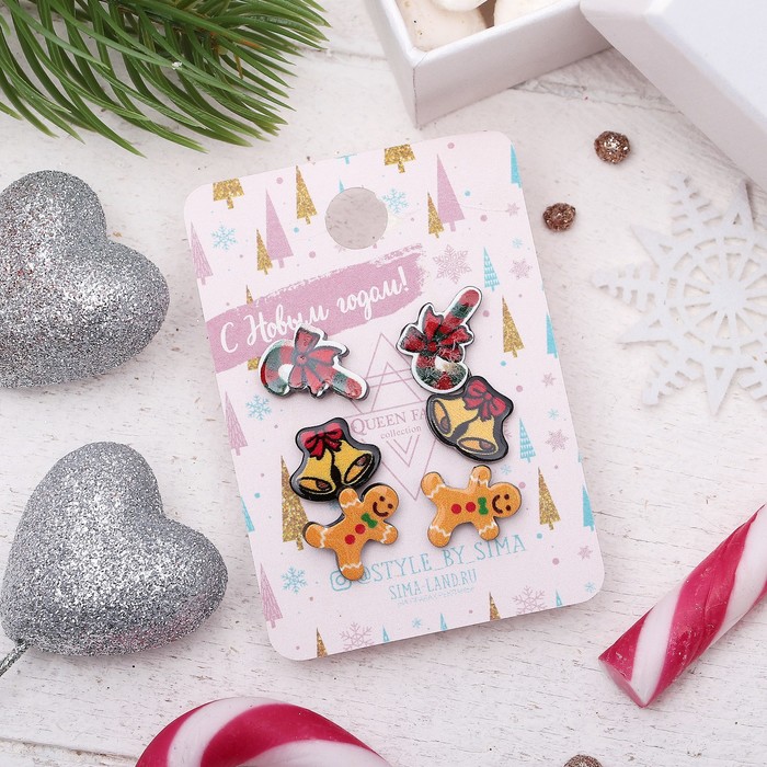 Пусеты 3 пары "Новогоднее ассорти" леденец, пряник, колокольчики, цветные