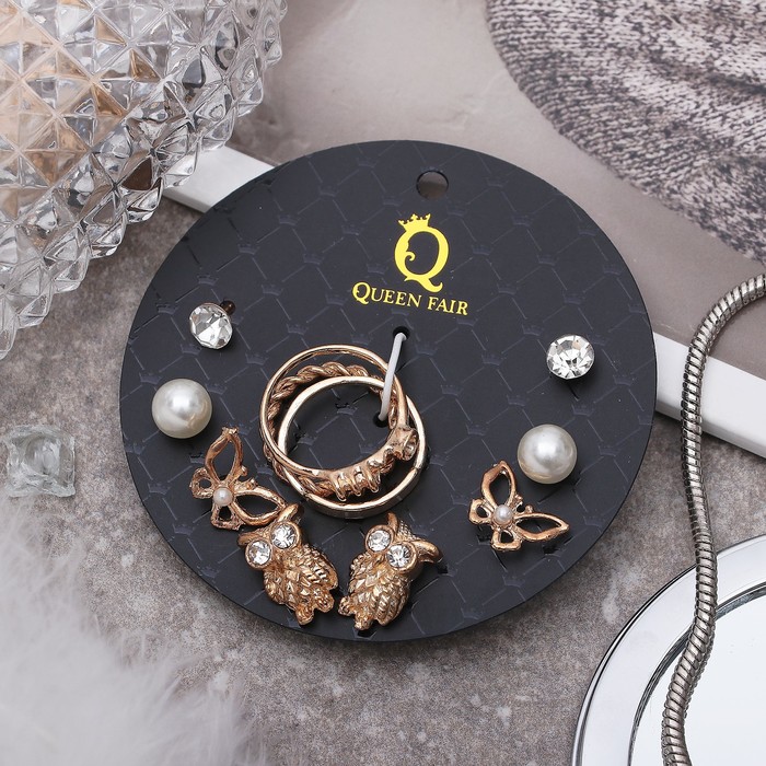 Пусеты с кольцами "Настроение" бабочки и совы, цвет белый в золоте