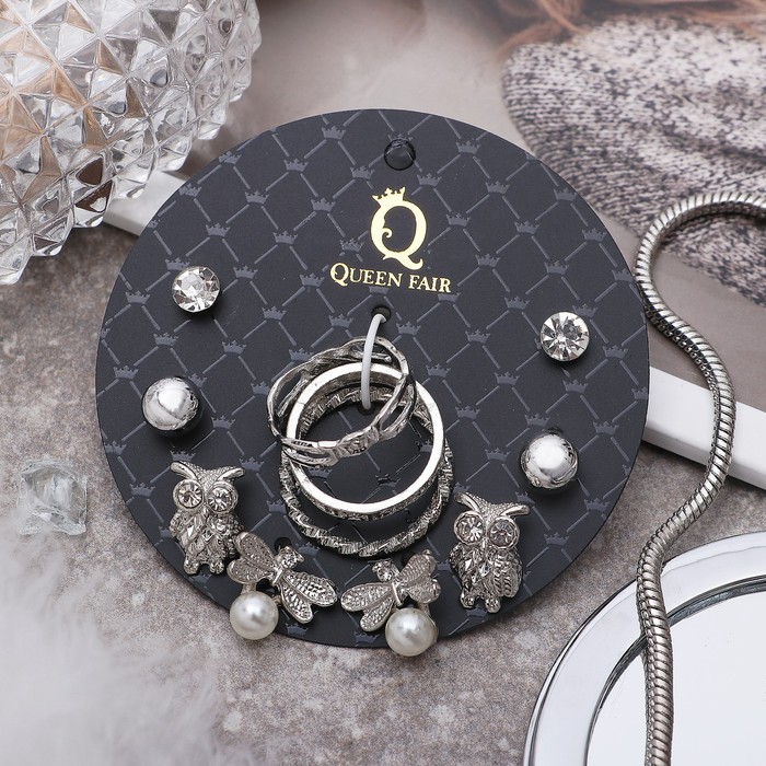 Пусеты с кольцами "Настроение" стрекозы и совы, цвет белый в серебре