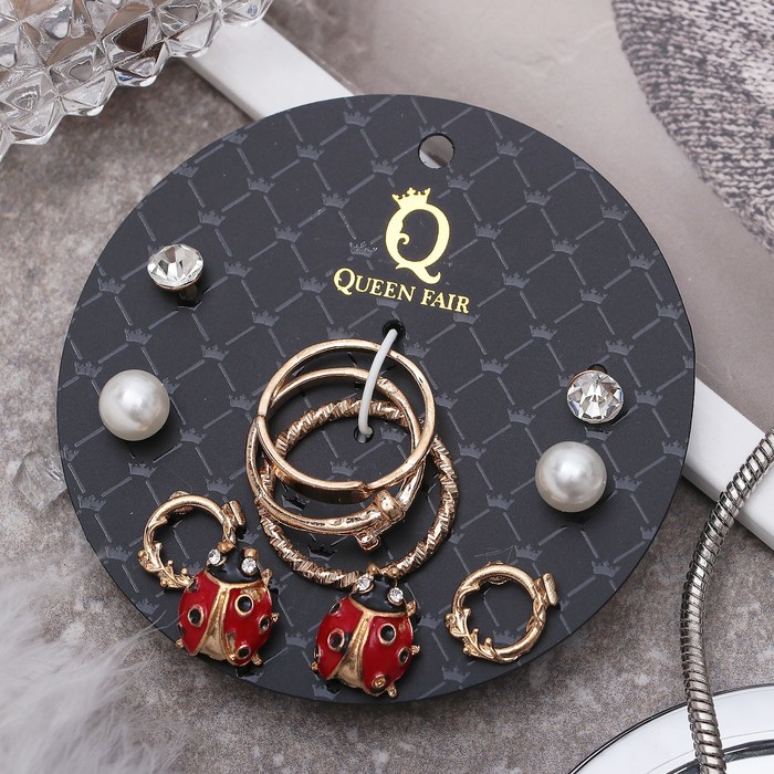 Пусеты с кольцами "Настроение" божьи коровки, цвет бело-красный в золоте