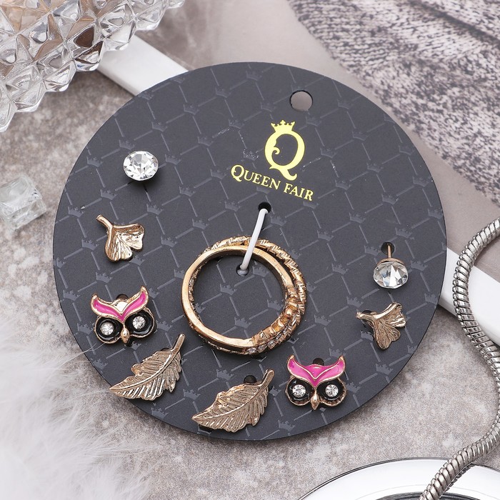 Пусеты с кольцами "Настроение" совы и перья, цветные в золоте