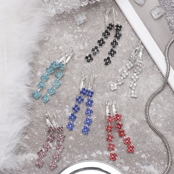 Серьги со стразами "Цветы" дорожка, цвет МИКС