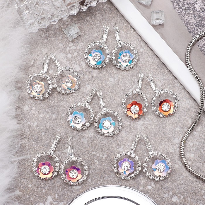 Серьги со стразами "Цветы" летние в круге, цвет МИКС