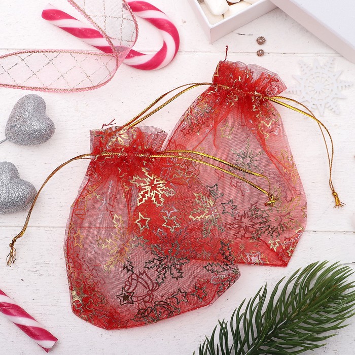 Мешочек новогодний "Снежинки" WF-602, 10*12см, цвет красный с золотом