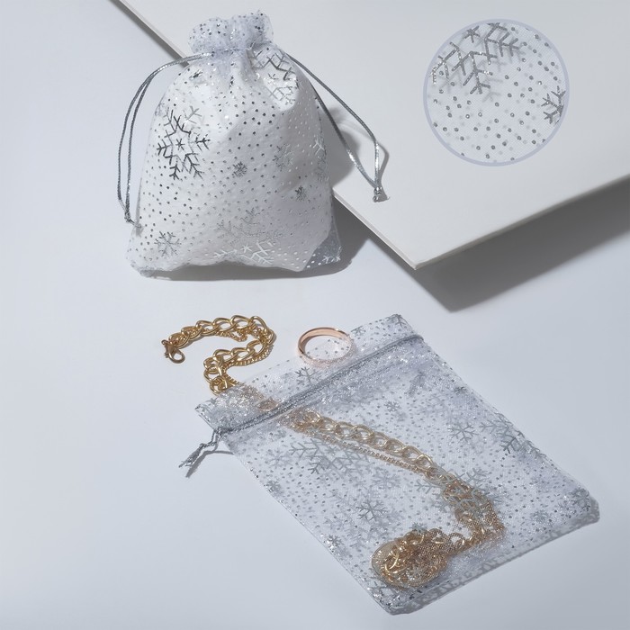 Мешочек новогодний "Снежинки" WF-606, 10*12см, цвет белый с серебром