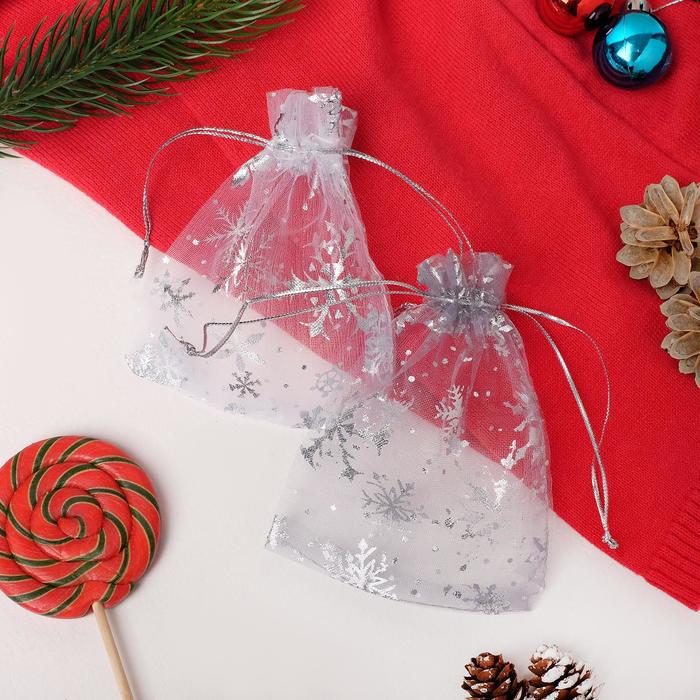 Мешочек новогодний "Снежинки серебристые" WF-607, 10*12см, цвет тёмно-серый