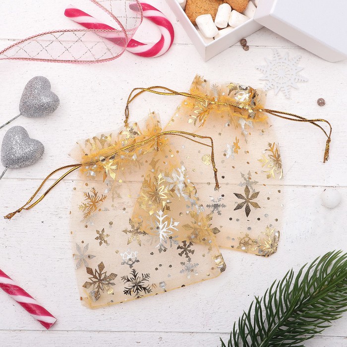 Мешочек новогодний "Снежинки" WF-607, 10*12см, цвет золотой