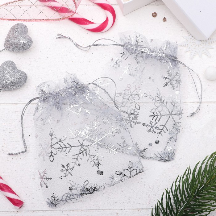 Мешочек новогодний "Снежинки" WF-609, 10*12см, цвет светло-серый с серебром