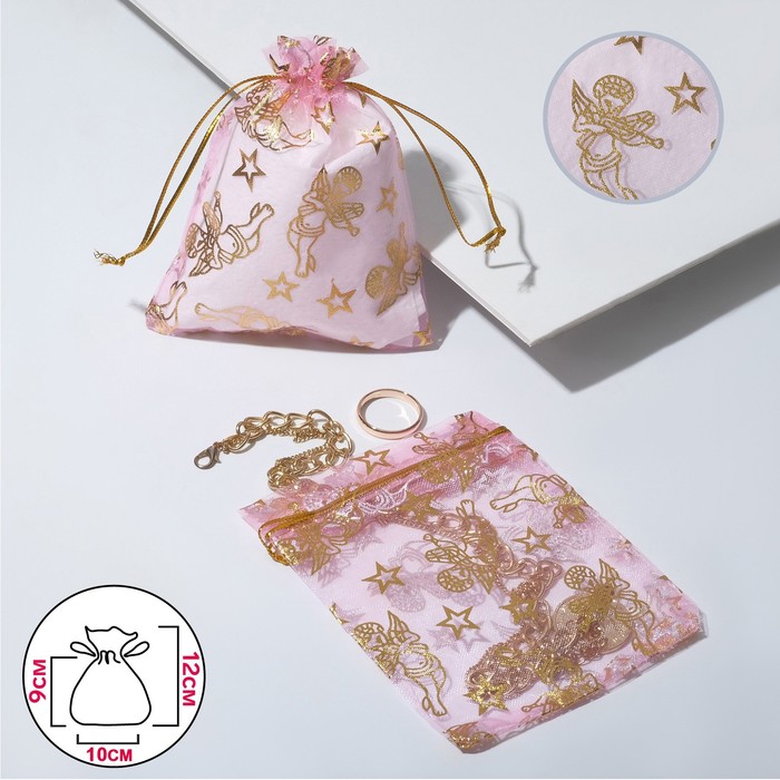 Мешочек новогодний "Ангелы" WJ-03, 10*12см, цвет розовый с золотом