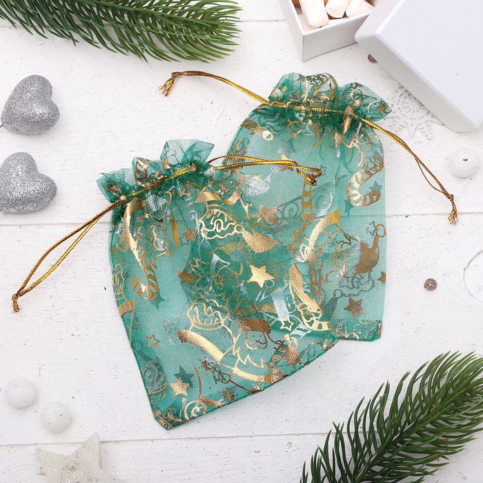 Мешочек новогодний "Санта-Клаус" WJ-11, 10*12см, цвет изумрудный с золотом