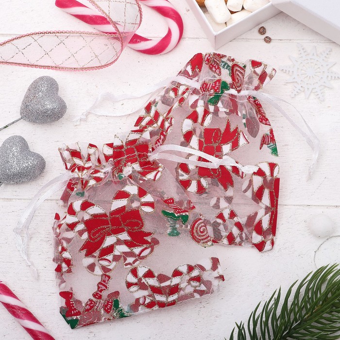 Мешочек новогодний "Леденцы", 10*12см, цвет бело-красный
