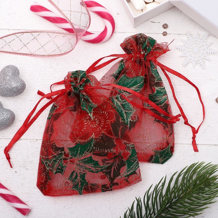 Мешочек новогодний "Остролист", 10*12см, цвет красно-зеленый