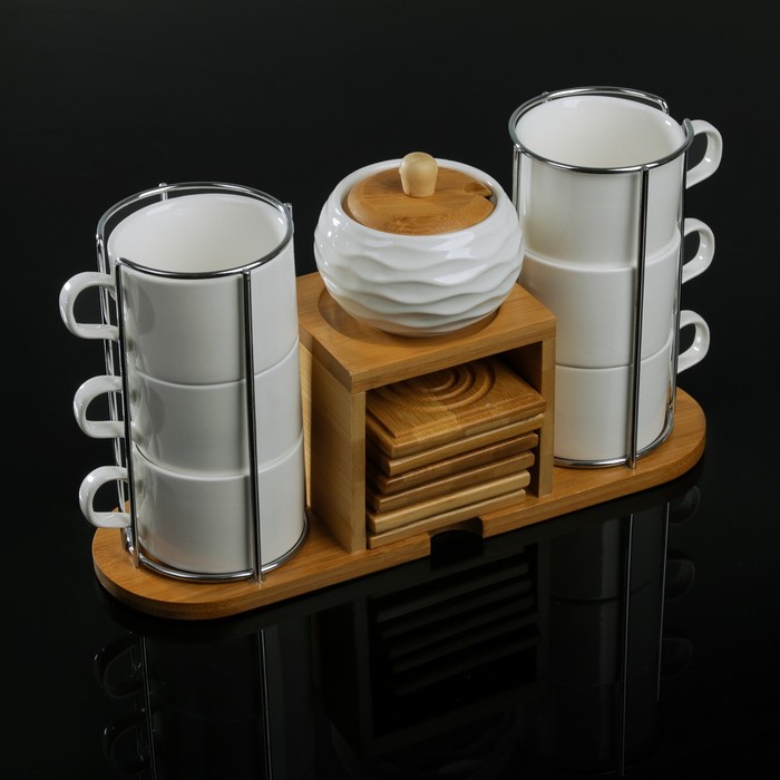 Набор керамический чайный «Эстет», 13 предметов: 6 чашек 150 мл, 6 подставок, сахарница 200 мл, на деревянной подставке