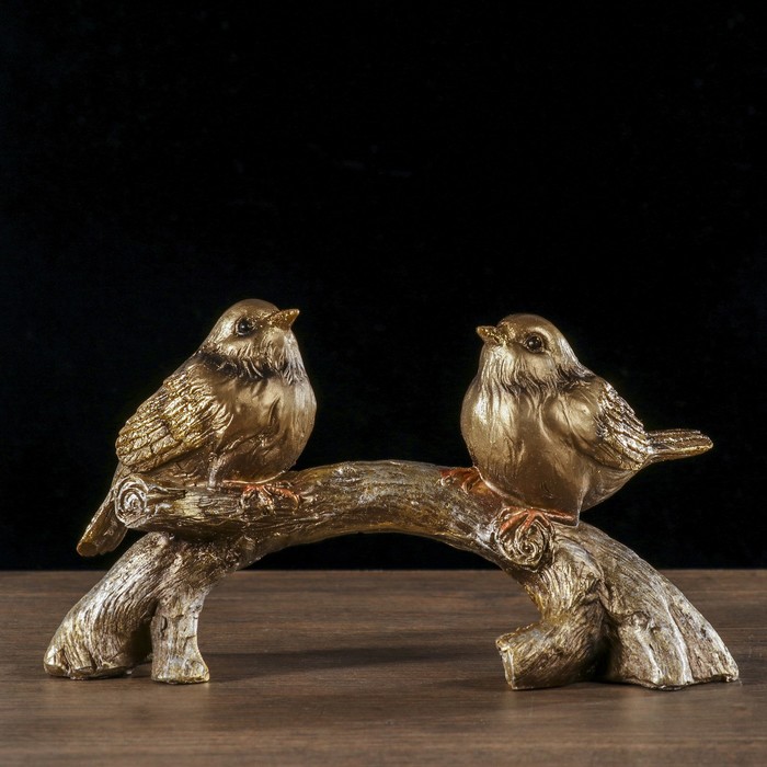 Сувенир полистоун "Два золотых воробышка на коряге" 10х19х8 см