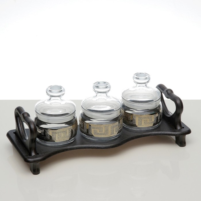 Набор "Греция": 3 банки для сыпучих продуктов по 420 мл на деревянной подставке