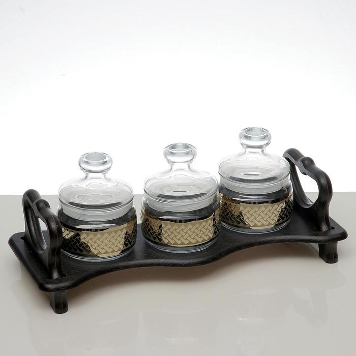 Набор "Скандинавия": 3 банки для сыпучих продуктов по 420 мл на деревянной подставке