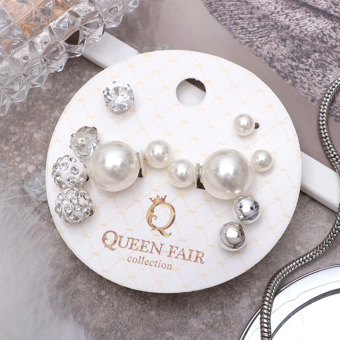 Пусеты 4 пар и 1 пара серег "Ассорти" диорис, цвет белый в серебре