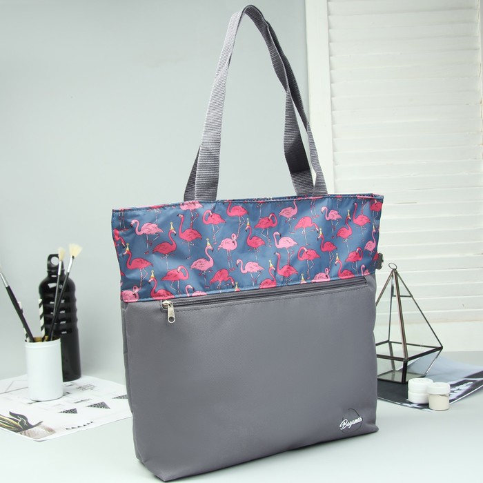 Сумка летняя "Фламинго", отдел на молнии, наружный карман, цвет серый