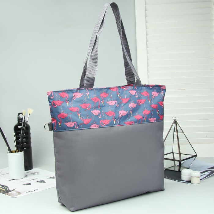 Сумка летняя "Фламинго", отдел на молнии, наружный карман, цвет серый