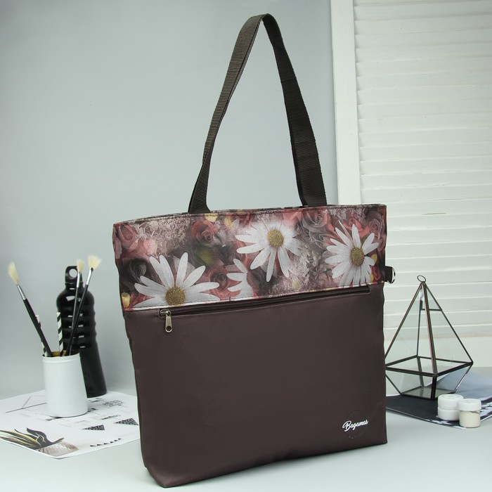 Сумка летняя "Ромашки", отдел на молнии, наружный карман, цвет коричневый