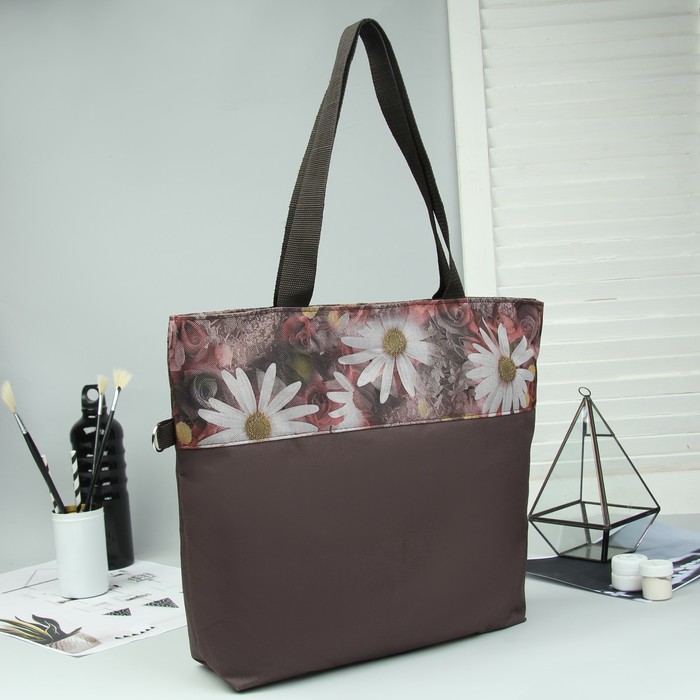 Сумка летняя "Ромашки", отдел на молнии, наружный карман, цвет коричневый