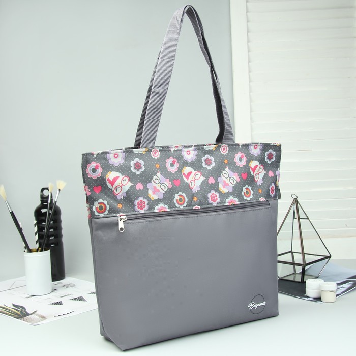 Сумка летняя "Совы", отдел на молнии, наружный карман, цвет серый