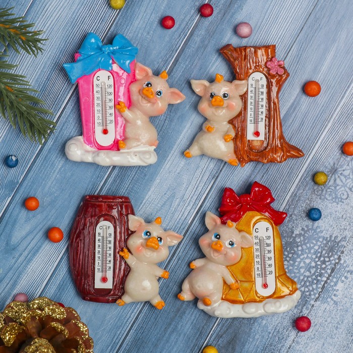 Магнит полистоун "Хрюшка с термометром" МИКС 6,8х6,3 см