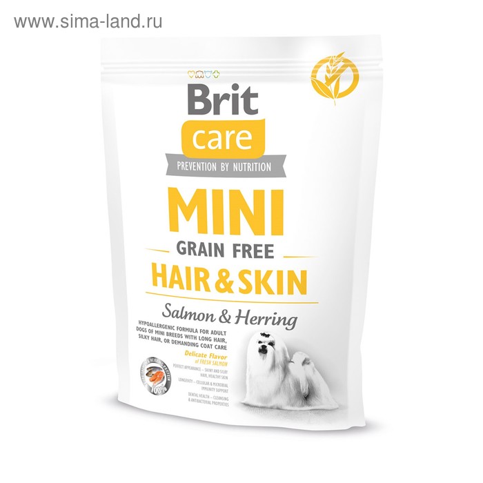 Сухие корма для собак Сухой корм Brit Care MINI GF Hair & Skin для собак мини-пород, беззерновой, 400 г.