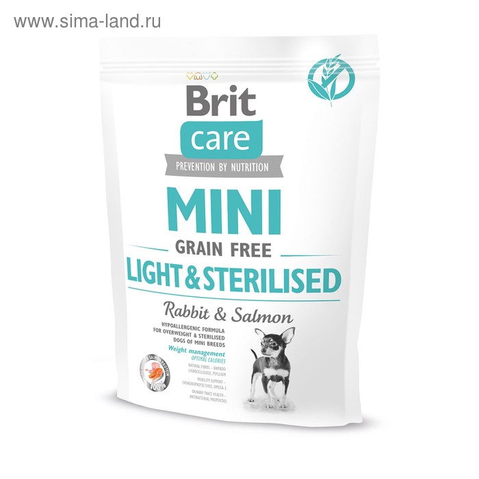 Сухие корма для собак  Сима-Ленд Сухой корм Brit Care MINI GF Light & Sterilised для собак мини-пород, беззерновой, 400 г.