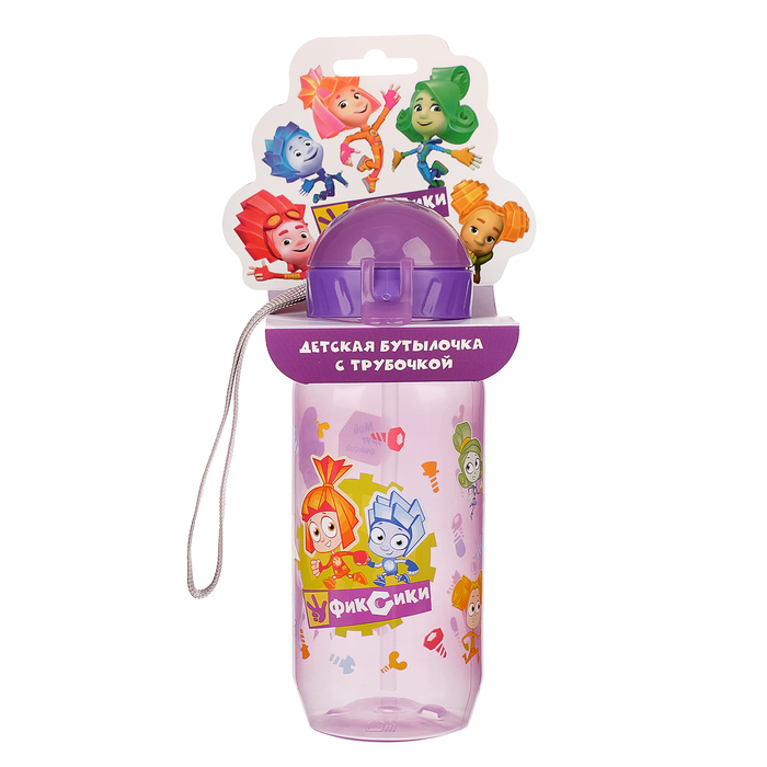 Поильник с трубочкой детский «Фиксики. Симка + Нолик» (мультяшки), 400 мл, на ремешке, цвета МИКС