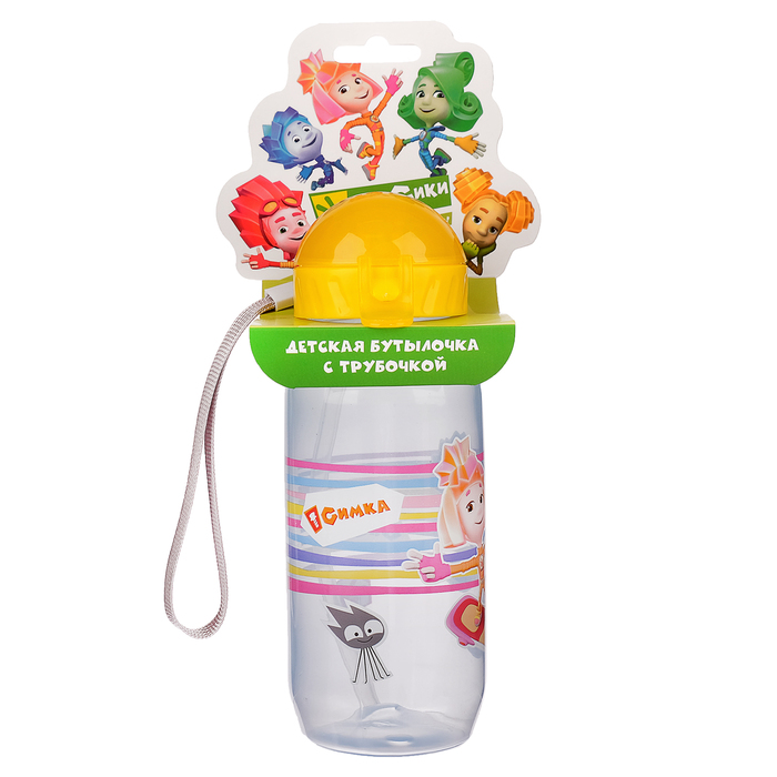 Поильник с трубочкой детский «Фиксики. Симка + Нолик» (полоски), 400 мл, на ремешке, цвета МИКС