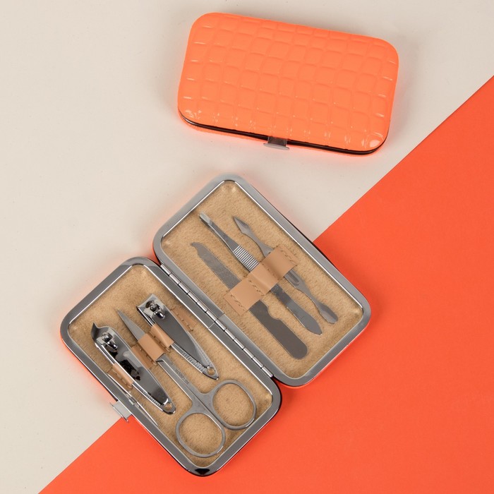 Набор маникюрный, 6 предметов, цвет оранжевый неоновый