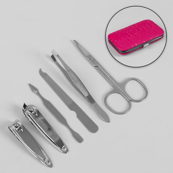 Набор маникюрный, 6 предметов, цвет розовый неоновый